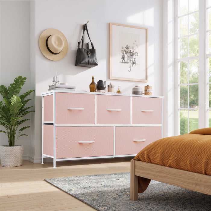Blorly 5 Drawers Dresser, Storage Dresser Organizer with Drawers, Chest of Drawers, Dresser with Metal Frame and Wood Tabletop for Bedroom, Guest Room, Closet, Entryway, Nursery, Pink