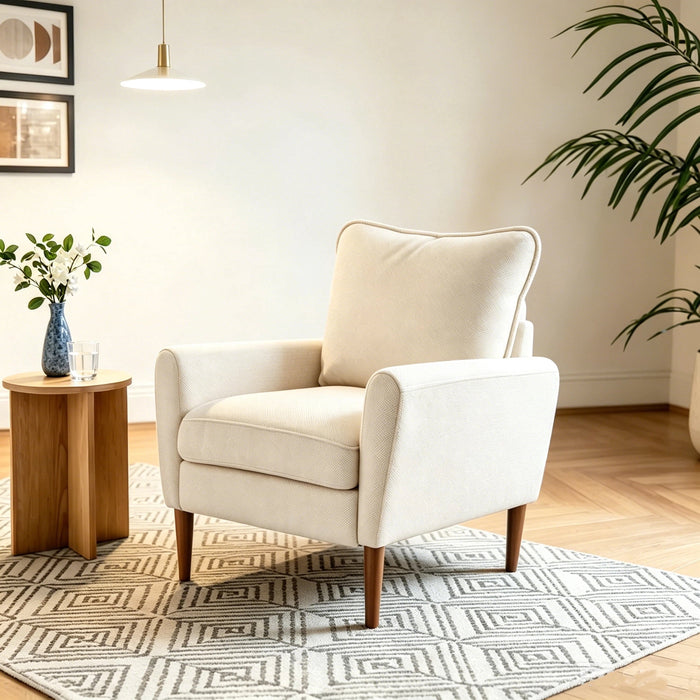 Modern Accent Chair with Armrests, Fabric Upholstered Comfy Single Sofa with Solid Wood Leg for Living Room, Beige