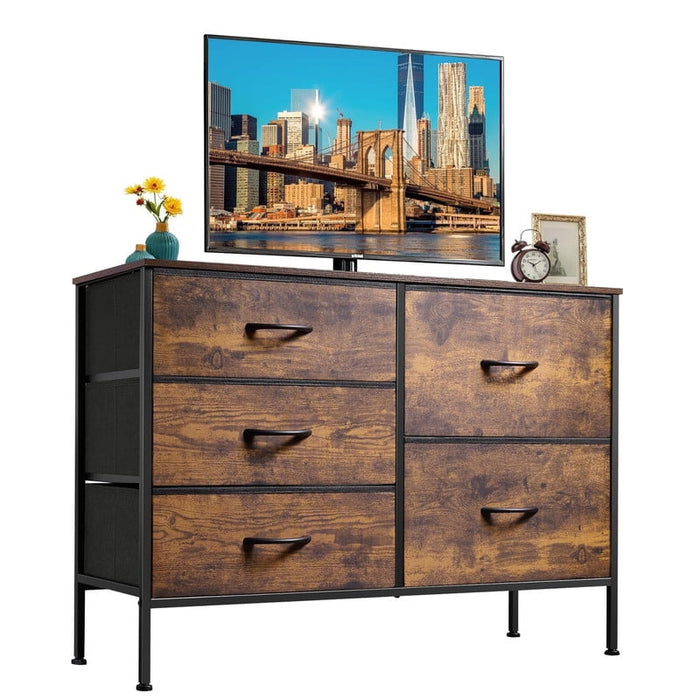 Simenmax 5-Drawer Fabric TV Stand, 39.4-Inch Entertainment Center with Wood Top & Sturdy Metal Frame, Storage Dresser for Bedroom, Living Room, Hallway, Brown