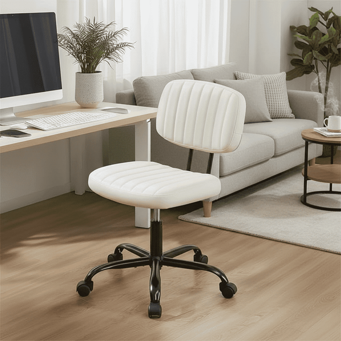 Betcozy Desk Chair, Armless Activity Chair with Wheels, Comfy Low Back Swivel Task Chair, White