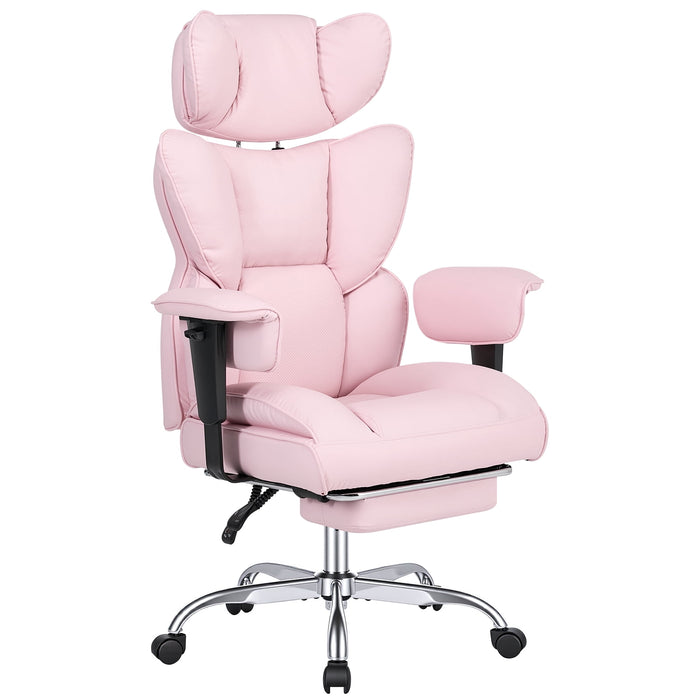 Big and Tall Office Chair, 350lbs Heavy Duty Ergonomic Reclining Desk Chair with Height Adjustable Armrests, Footrest, High Back Leather Computer Executive Chair for Home Office, Pink