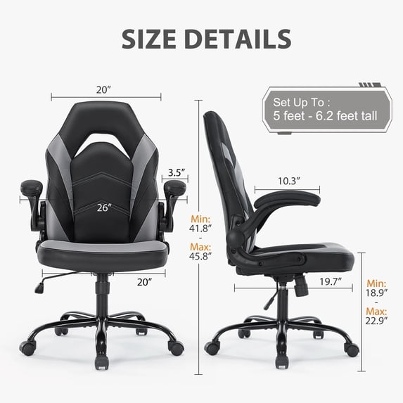 Ergonomic Gaming Chair, High Back PU Leather Computer Desk Chair with Lumbar Support, Flip-up Armrests & Adjustable Height