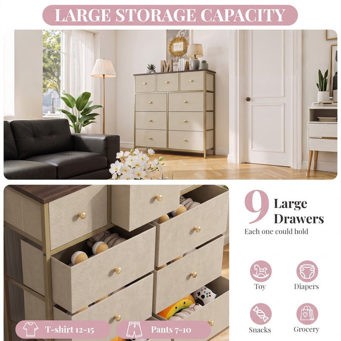 Betcozy 9-Drawer Dresser, Ideal Master Bedroom Storage & All-Purpose Wardrobe Organizer, Khaki