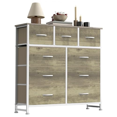 Betcozy Dresser, Storage Organizer with 9 Drawers for Bedroom, Chest of Drawers with Fabric Bins, Sturdy Metal Frame, Wood Tabletop for Guest Room, Closet, Entryway, Nursery, Smoked ash