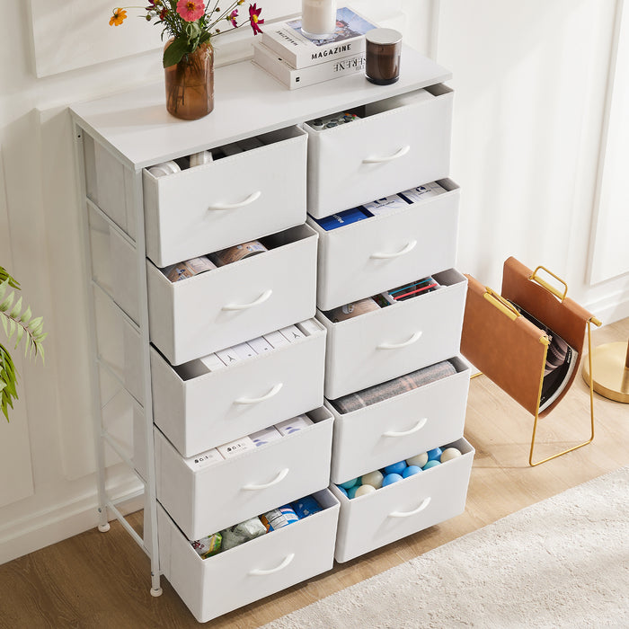Bigleap 10 Drawer Dresser, Fabric Storage Tower Organizer with Wood Top and Steel Frame for Bedroom, Closet, Hallway, Entryway,White