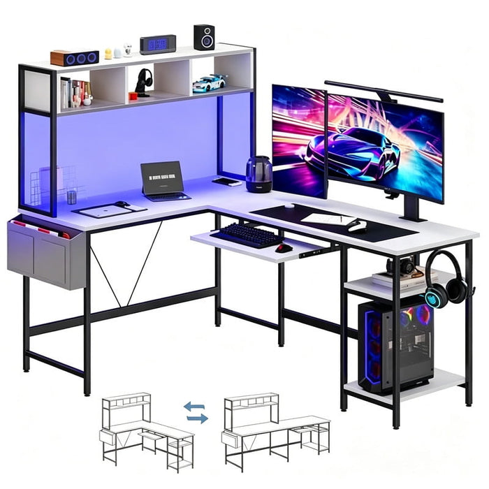 Taoset 67" Convertible L-Shaped Gaming Desk with RGB LED Hutch, Slide Keyboard Tray & Storage Shelves, Reversible 94.5" Straight Multi Monitor Computer Desk with Side Pocket Headset Hooks, White