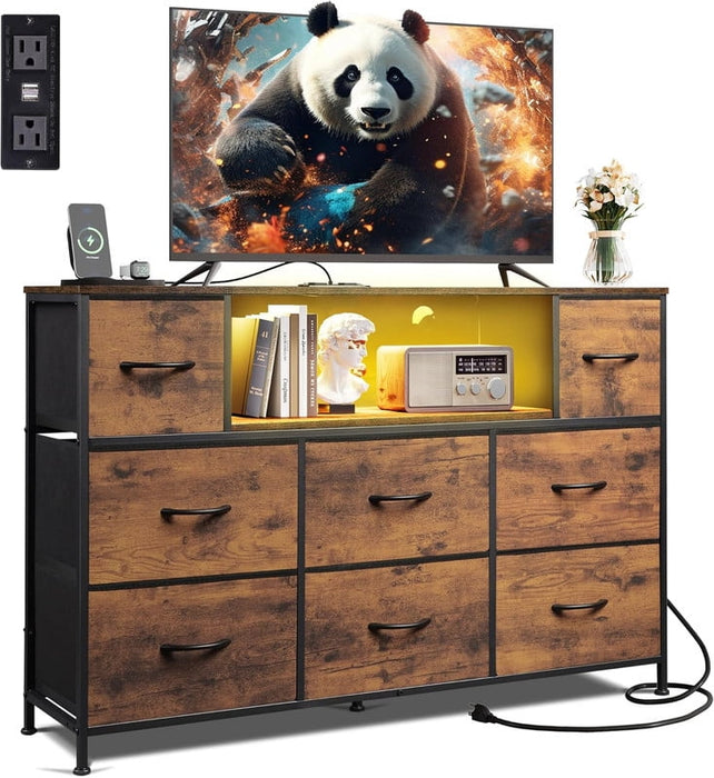 Simenmax LED TV Stand for 45-55 Inch TV, Entertainment Center with 8 Fabric Drawers & Open Shelves, Charging Station with 2 USB & 2 AC Outlets, Brown