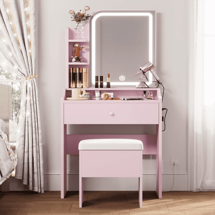 Taoset Premium Vanity Set with Dimmable LED Mirror and Cushioned Stool, Luxury Makeup Dressing Table with Storage Shelves, Chair and Large Drawer for Bedroom, Pink
