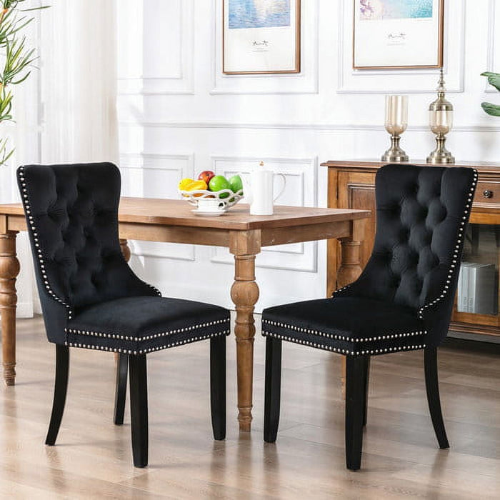 Blorly Velvet Dining Chairs Set of 2, Upholstered Dining Chair with Nailhead Trim and Solid Wood Legs, Navy Luxury Wingback Dining Side Chair for Living Room, Bedroom, Kitchen(Black)