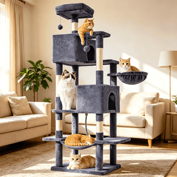 Taoset 66-Inch Cat Tree, Gray Cat Tower with Sisal Scratching Post, Multi-Level Plush Pet' Toy Tree with Climbing Ladder