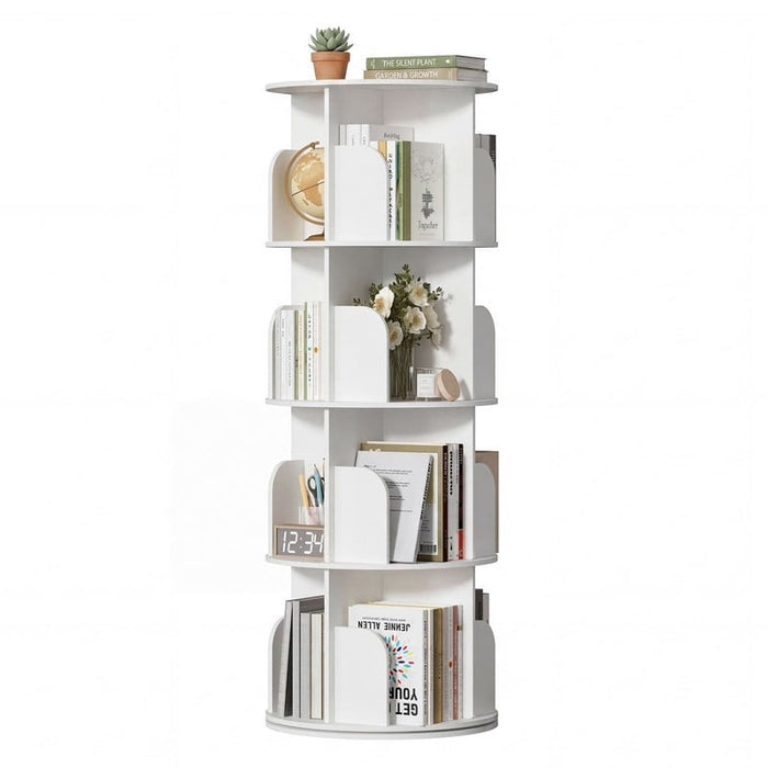 Simenmax 4-Tier Rotating Bookshelf Tower – 360° Spinning Bookcase for Small Spaces, Freestanding Vertical Corner Shelf for Bedroom, Living Room, Study, White