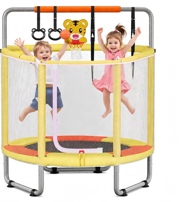 Simenmax 55" Kids Trampoline with Enclosure, 4 in 1 Toddler Trampoline with Adjustable Gymnastics Bar, Basketball Hoop,Swing,Yellow