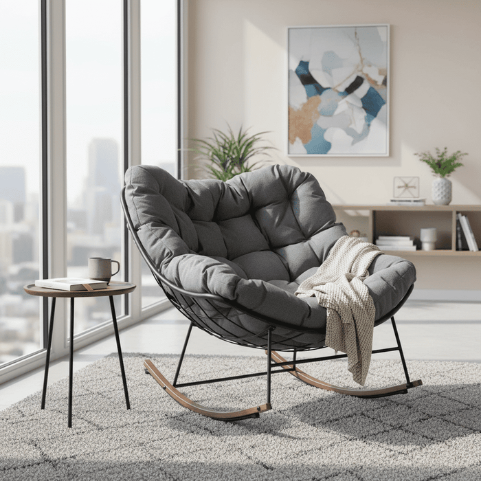 Betcozy Rocking Chair, Papasan Chair, Outdoor Patio Porch Furniture, Rattan Wicker Lounge Chair Indoor, Rocker Egg Chair, Grey
