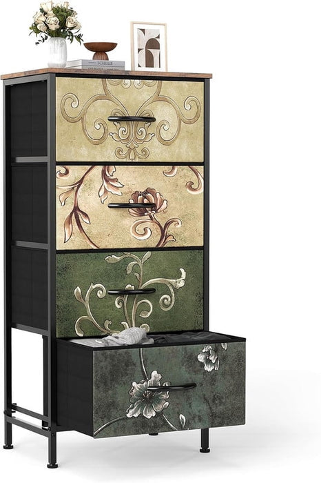 Simenmax 4-Drawer Fabric Dresser, Tall Chest of Drawers with Wood Top, Floral Painted Dresser for Bedroom, Closet, Hallway, Dorm