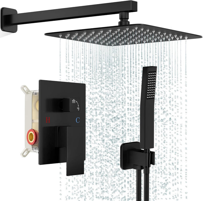 Simenmax 10'' Wall-Mounted Rain Shower System – Square Full Metal Thermostatic Mixing Valve Combo with Handheld Spray, Black
