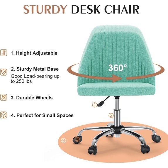 Armless Office Chair, Height Adjustable Swivel Desk Chair with Wheels, Modern Upholstered Task Seat for Home Office, Bedroom, Study and Makeup Vanity
