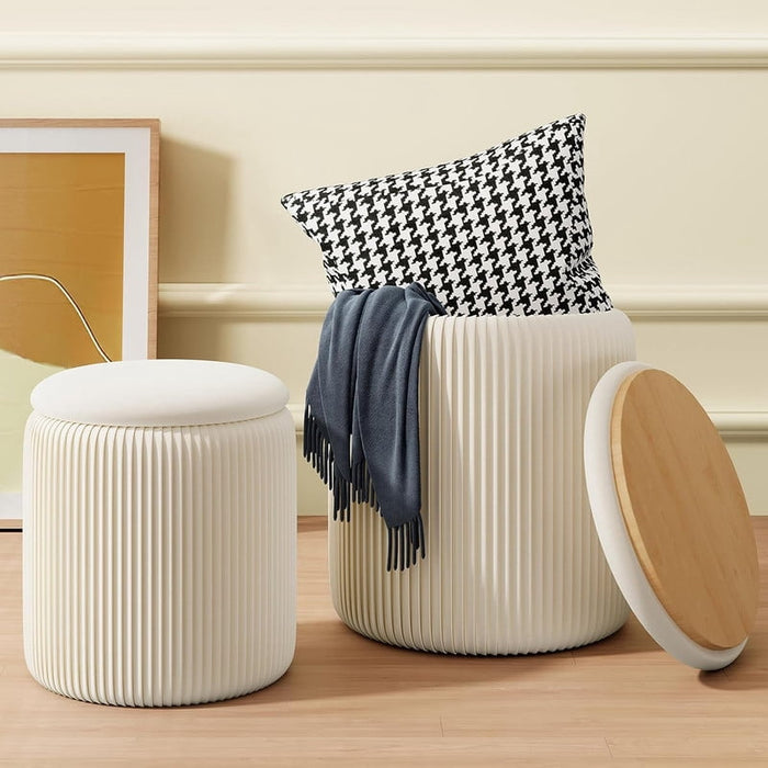 Simenmax 2-Pack Velvet Storage Ottomans – Round Vanity Stool & Foot Rest Set with Hidden Compartment, Space-Saving Nesting Design, Beige