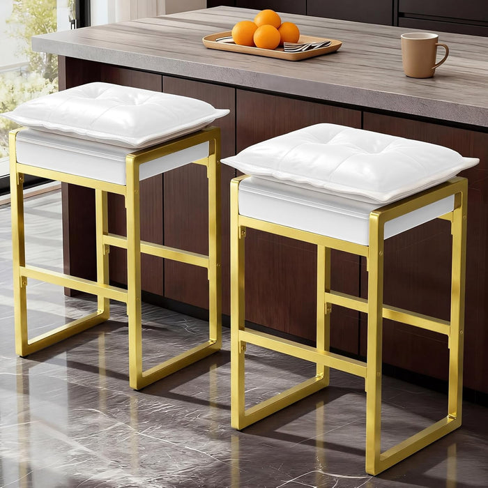 Blorly Set of 2 Bar Stools with Double Cushion, Modern PU Leather Counter Height Chairs, Metal Base & Footrest for Kitchen Island, Dining Room, Bar, Supports 396 lbs, White