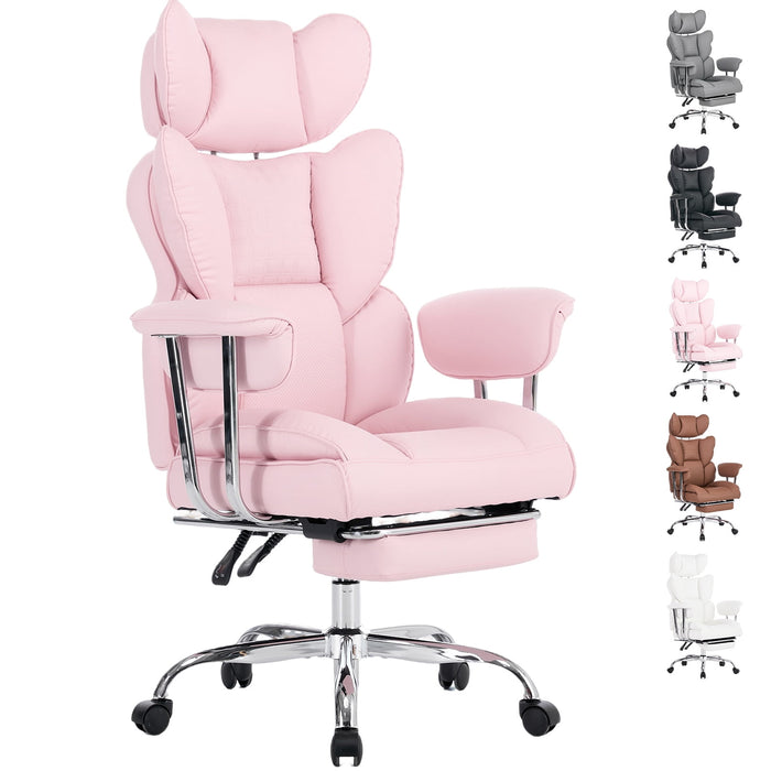 Big and Tall Office Chair, 350lbs Heavy Duty Ergonomic Reclining Desk Chair with Footrest, Fixed Padded Arms, High Back Leather Executive Computer Chair for Home Office, Pink