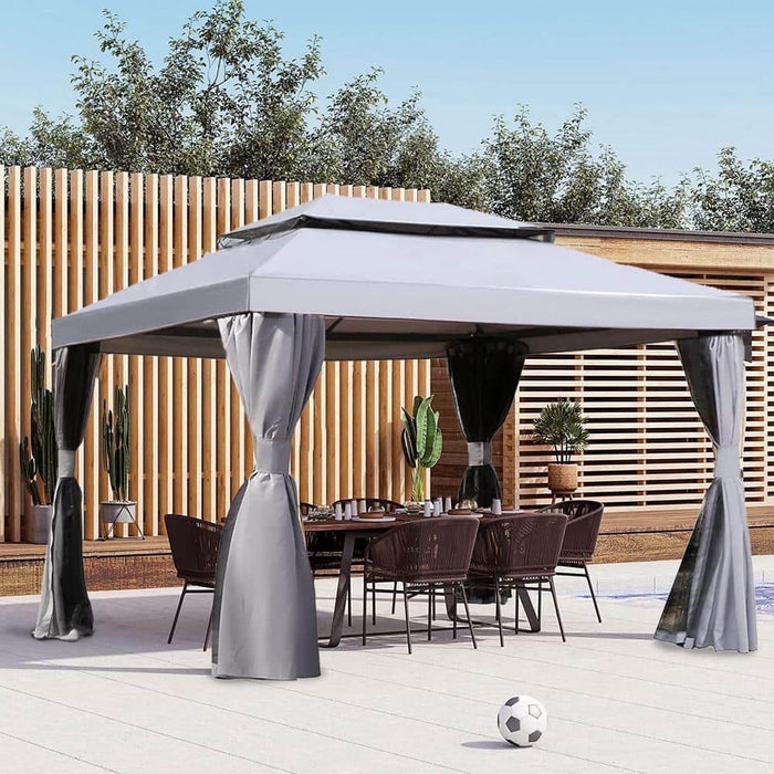 Betcozy 13 x 10 FT Patio Gazebo Tent, Double Tiers Polyester Canopy Top Water-Resistant Anti-UV Shelter Sun Shade with Mesh Netting, Grey