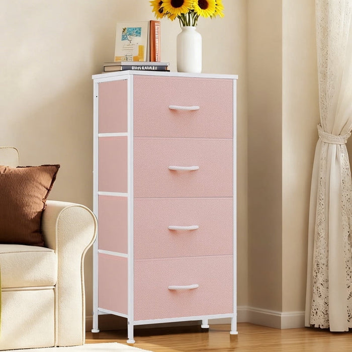Ethovia 4-Drawer Storage Dresser with Wooden Tabletop, Stylish Fabric Drawers, Strong Metal Frame, Ideal for Organizing Your Bedroom, Living Room or Corridor, Pink