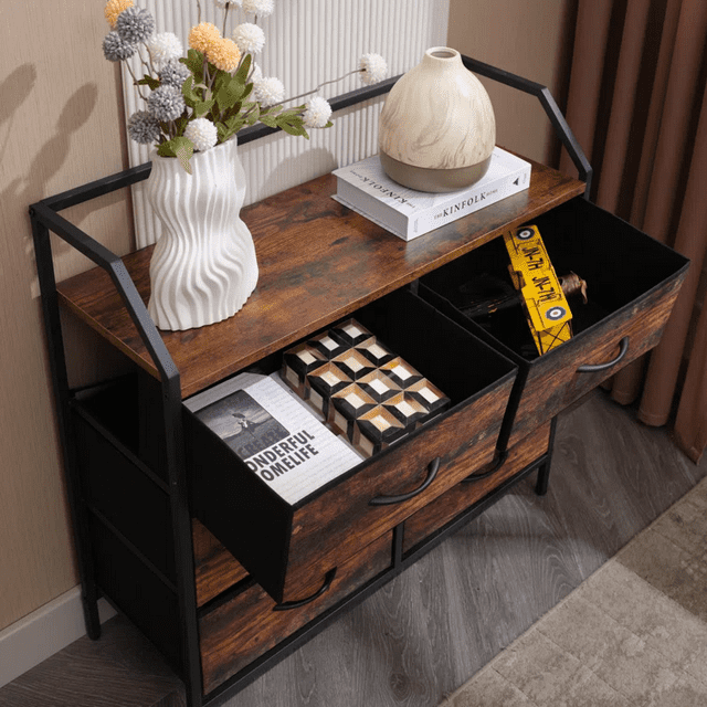 32-Inch Wide Metal Accent Storage Cabinet with Wood Top & 6 Fabric Drawer Dresser