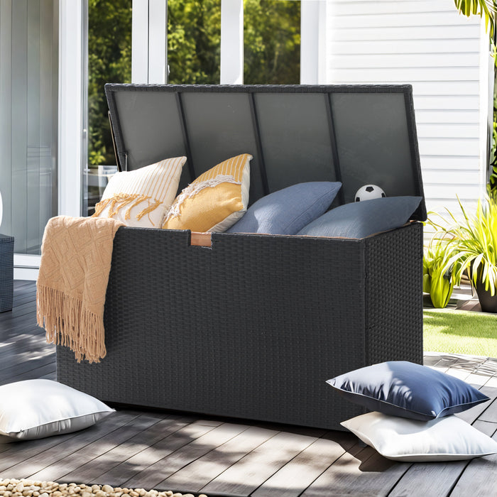 Simenmax 120-Gallon Deck Box Outdoor Waterproof Storage Bin with Aluminum Frame, All-Weather Wicker Design for Patio, Garden, Poolside, and Balcony Organization