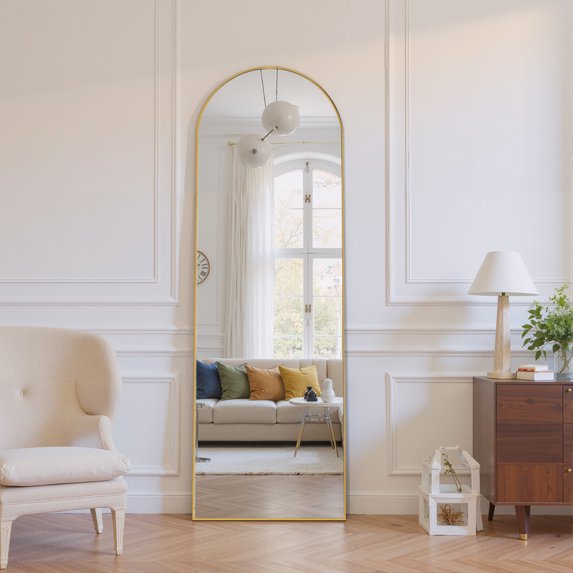 Sybels Arched Floor Mirror, 59" Full-Length Mirror in Aluminum for Bedroom & Living Spaces, Gold