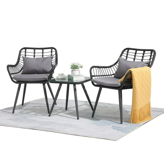 3 Piece Patio Set, Outdoor Furniture Wicker Bistro Set Rattan Chair Conversation Sets with Coffee Table and Cushions