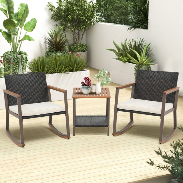 3-Piece Patio Set, Outdoor Wicker Bistro Set, Rattan Chair Conversation Sets with Coffee Table and Cushions, Turquoise/Gray
