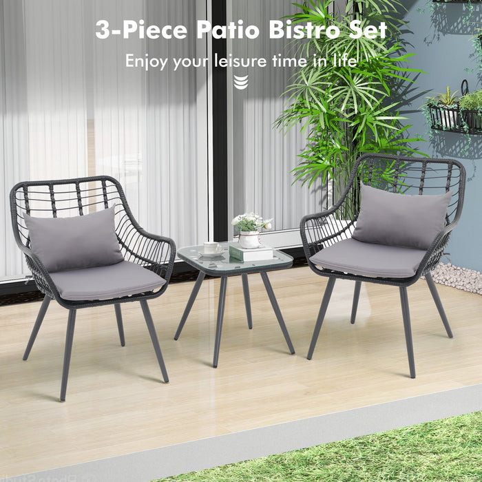 3-Piece Patio Set, Outdoor Wicker Bistro Set, Rattan Chair Conversation Sets with Coffee Table and Cushions, Gray