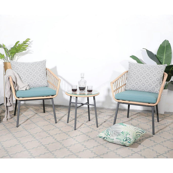 3-Piece Patio Set, Outdoor Wicker Bistro Set, Rattan Chair Conversation Sets with Coffee Table and Cushions, Turquoise/Gray