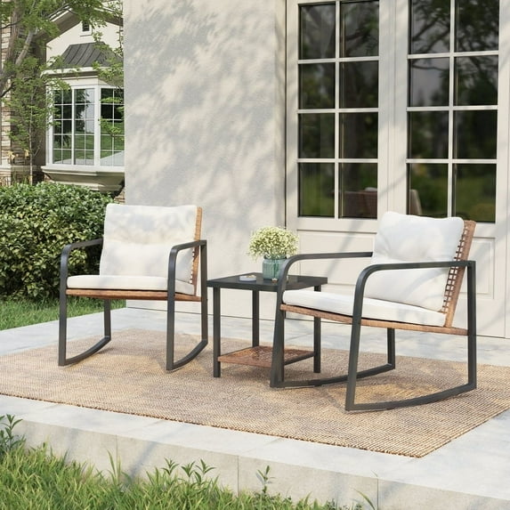 Blorly 3 Piece Rocking Chair Set, Bistro Table and Chairs Set of 2, Outdoor Bistro Patio Set Patio Chairs and Square Table for Balcony, Porch, Garden