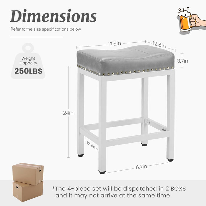 Sybels 24" Saddle Bar Stools (Set of 2) - PU Leather Counter Stools with Footrest for Kitchen Island, Cafe，Gray