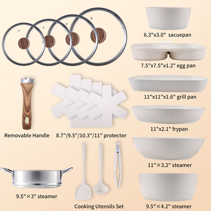 Sybels 17-Piece Nonstick Pots and Pans Set for Healthy Cooking, Non-Toxic & Oven Safe with Stay-Cool Handles, Works on All Stoves, Beige