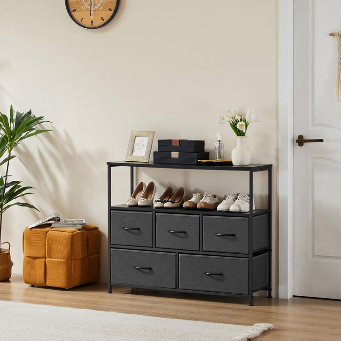 Sybels Modern TV Console with 5 Fabric Drawers for 45" TVs, Media Stand with Open Display Shelf, Minimalist Entertainment Center for Living Room & Bedroom, Gray