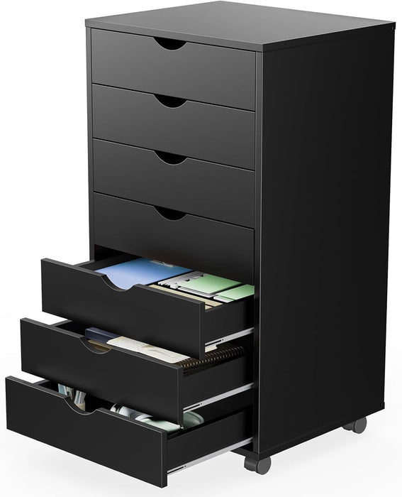 Sybels 7-Drawer Rolling Storage Cart, Mobile File Cabinet & Organizer Dresser with Wheels for Home Office, Wood Chest, Black