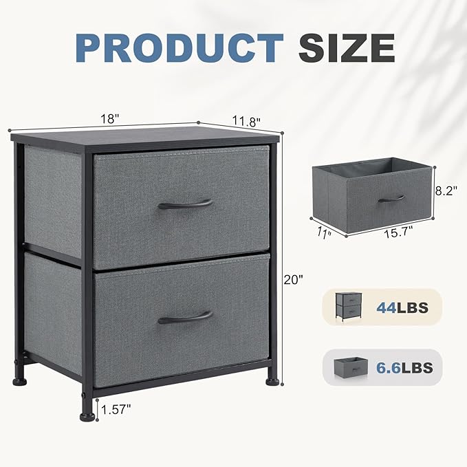 Sybels 20" Tall Bedside Table with 2 Fabric Storage Drawers, Compact Night Stand Dresser with Wooden Top for Bedroom, Dorm Room,Gray (2Pack)