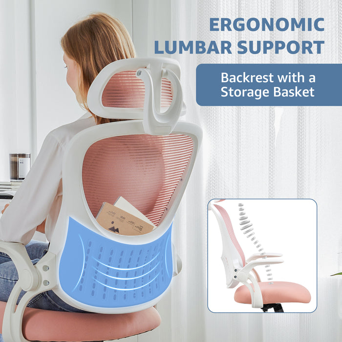 Sybels Ergonomic High Back Mesh Office Chair - Adjustable Headrest & Lumbar Support, Flip-Up Arms, 360° Swivel with Rolling Casters for Home Office, Pink