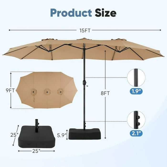Sybels 15ft Large Rectangle Patio Umbrella with Base, Outdoor Sun Shade for Deck, Backyard, Market, Khaki