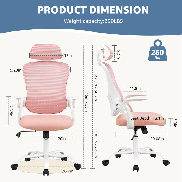 Sybels Ergonomic High Back Mesh Office Chair - Adjustable Headrest & Lumbar Support, Flip-Up Arms, 360° Swivel with Rolling Casters for Home Office, Pink