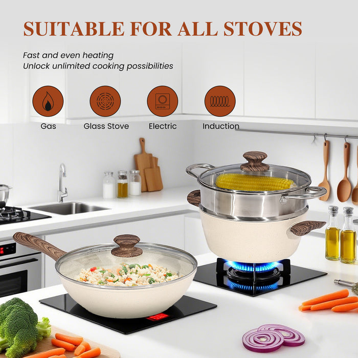 Sybels 17-Piece Nonstick Pots and Pans Set for Healthy Cooking, Non-Toxic & Oven Safe with Stay-Cool Handles, Works on All Stoves, Beige