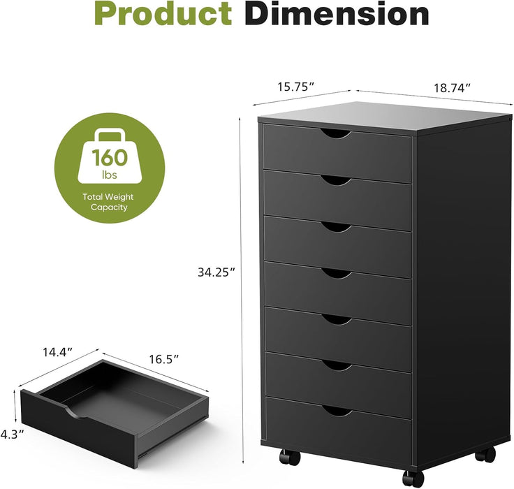 Sybels 7-Drawer Rolling Storage Cart, Mobile File Cabinet & Organizer Dresser with Wheels for Home Office, Wood Chest, Black