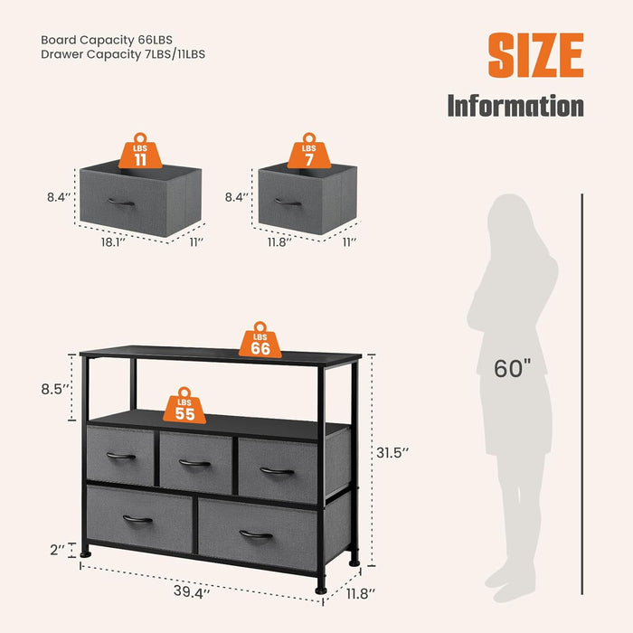 Sybels Modern TV Console with 5 Fabric Drawers for 45" TVs, Media Stand with Open Display Shelf, Minimalist Entertainment Center for Living Room & Bedroom, Gray