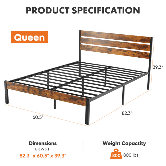 Sybels Queen Bed Frame: No Box Spring Needed, Ample Under-Bed Storage & All-Metal Support in a Rust Brown Finish，800LBS