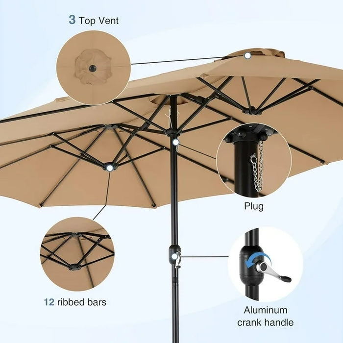 Sybels 15ft Large Rectangle Patio Umbrella with Base, Outdoor Sun Shade for Deck, Backyard, Market, Khaki