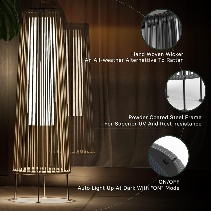 Dozzle 2-Pack Outdoor Solar Floor Lamp, Wicker Design Waterproof Deck Light for Patio, Yard and Garden, Light Brown