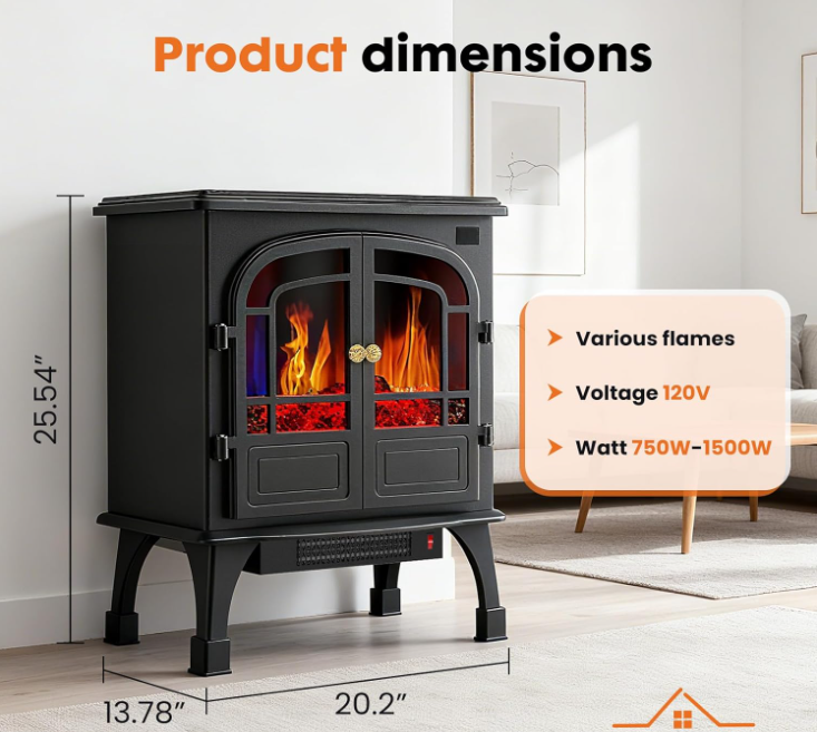 Sybels Compact 26" Double-Door Electric Fireplace, 1500W/750W Heater with Adjustable 3D Flame & Safe Protection - Freestanding for Bedroom, Office, Living Room, Black