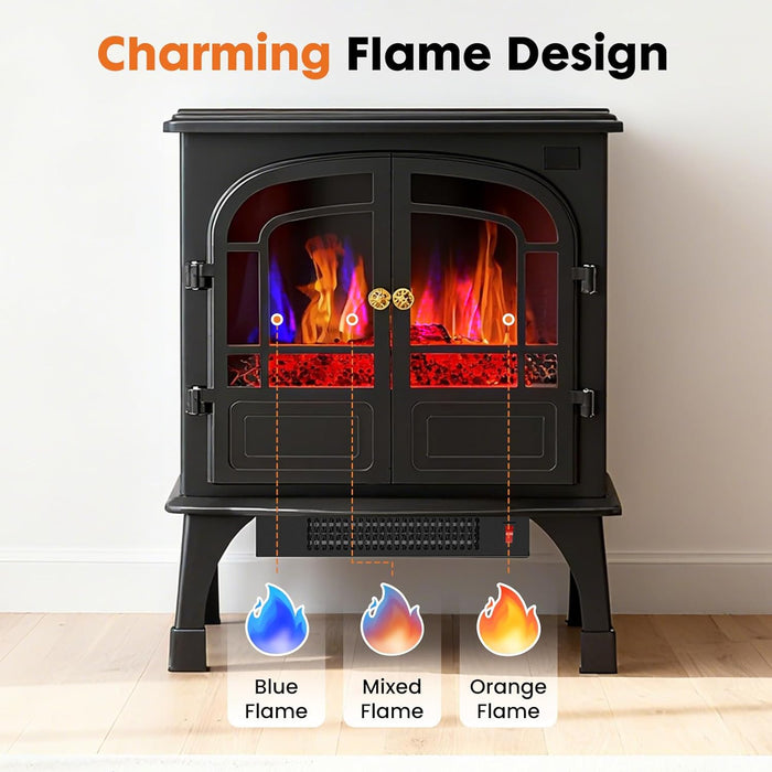 Sybels Compact 26" Double-Door Electric Fireplace, 1500W/750W Heater with Adjustable 3D Flame & Safe Protection - Freestanding for Bedroom, Office, Living Room, Black