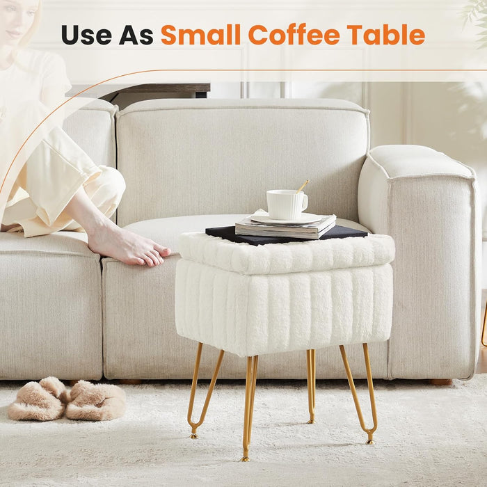 Sybels Storage Vanity Stool with Plush Faux Fur, Adjustable Anti-Slip Makeup Ottoman Bench，White